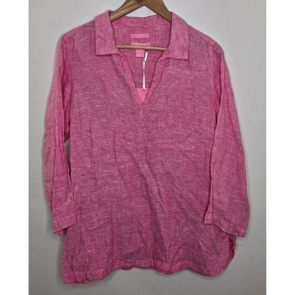 *NEW w/Tag Isaac Mizrahi 100% Linen Tunic Top Pink V-Neck Tie Sleeve Size Medium